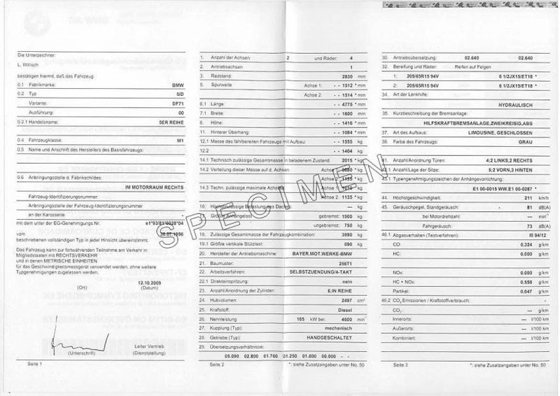 Exemple certificat de conformité Bmw Série 5 GT
